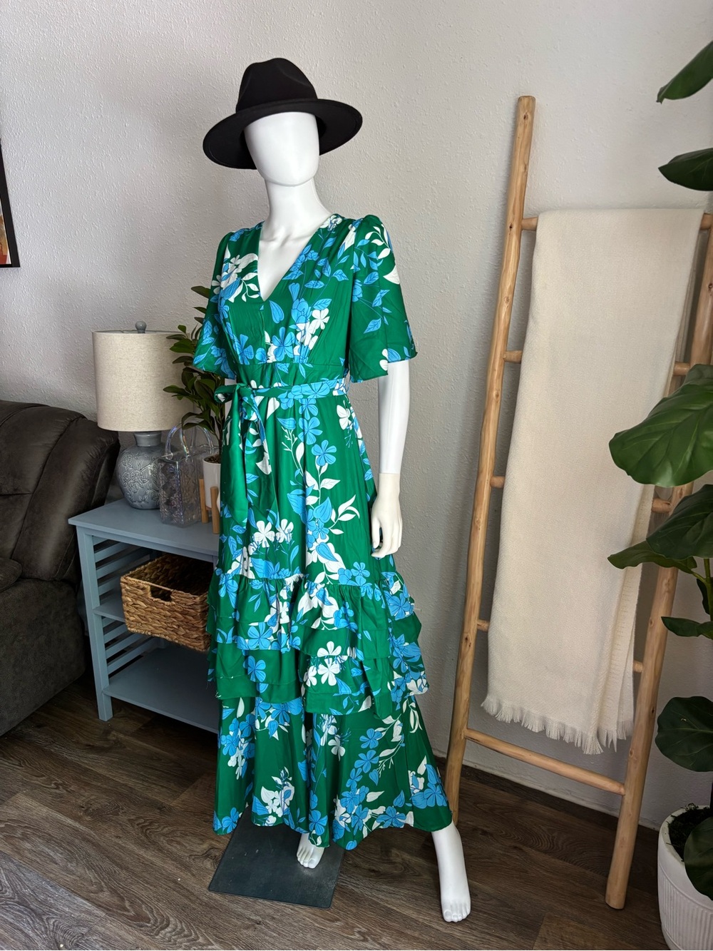 Green Floral V-Neck Maxi Dress with Tie Waist